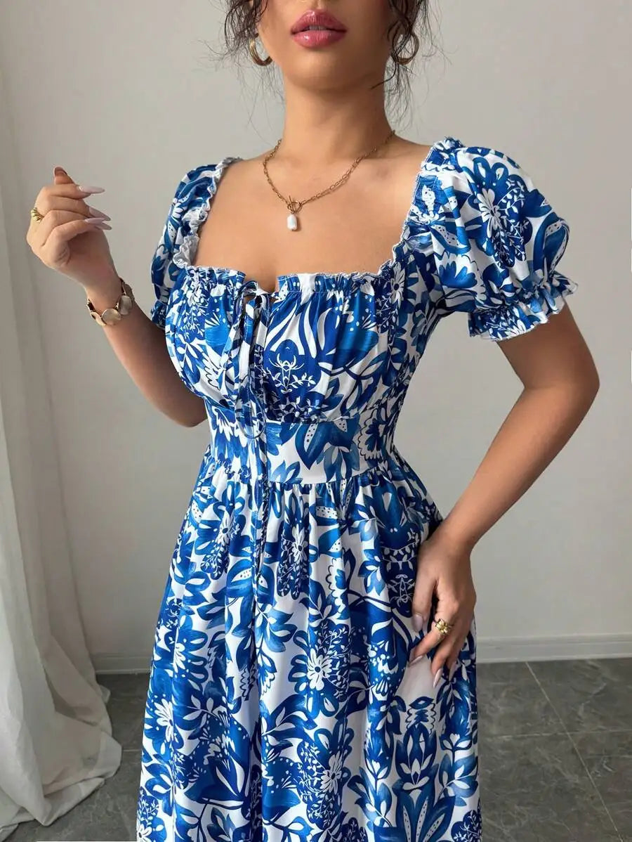 Elegant Women’s Floral Print Bubble Sleeve Dress – Blue Long Dress with Front Tie, Back Gathered Waist | Casual Vacation Dress
