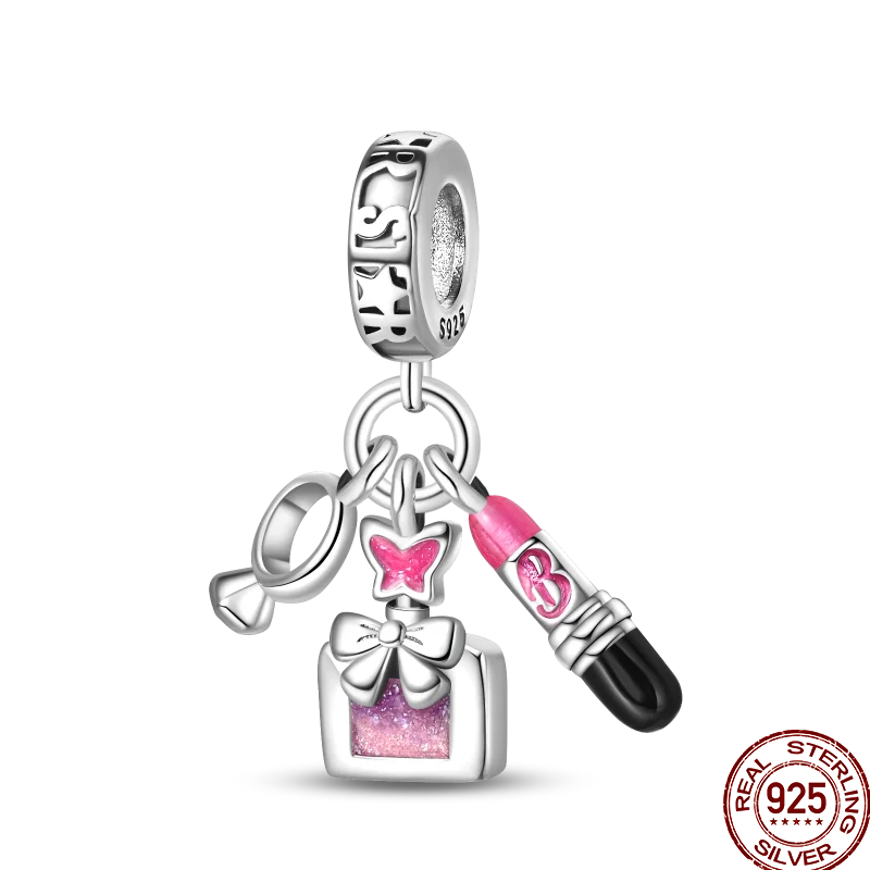 925 Sterling Silver Romantic Princess Charm Beads – Pink Dress, Lipstick & Dancing Shoes Fit 3MM Bracelet