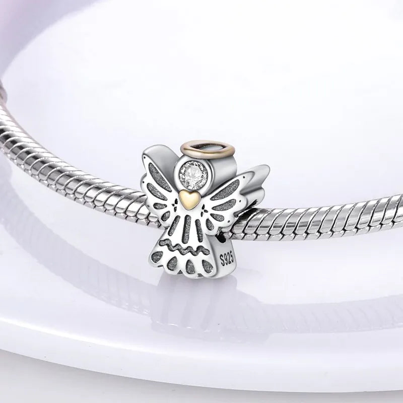 S925 Silver Angel Baby Charms | Heart Shape Wings Dangle Beads Fit Bracelet & Necklace