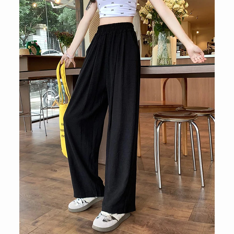 Summer Women Colorful Ice Silk Pants | High Waisted Wide Leg Trousers | Baggy Straight Leg Casual Pants