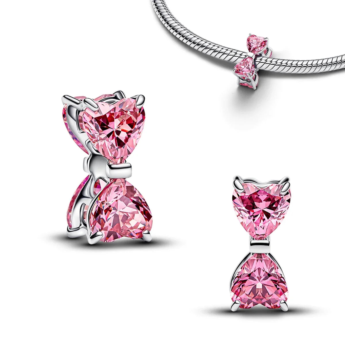 925 Sterling Silver Pink Bow Jewelry Set – Charms, Rings, Earrings & Necklace Beads for Women