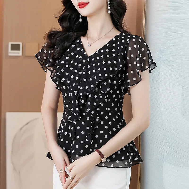 Women’s Polka Dot Chiffon Shirt 🌸 Summer Short Sleeve Fitted Top ✨