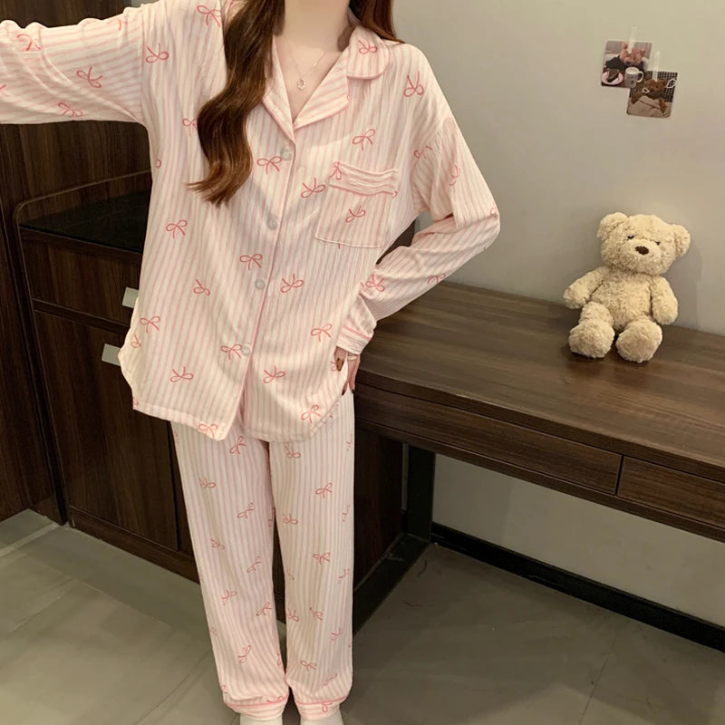 🌸 Pink Bow Pajamas Set for Women 💖 Long Sleeve Top & Elastic Waist Pants 🛌 Harajuku Style Casual Home Wear