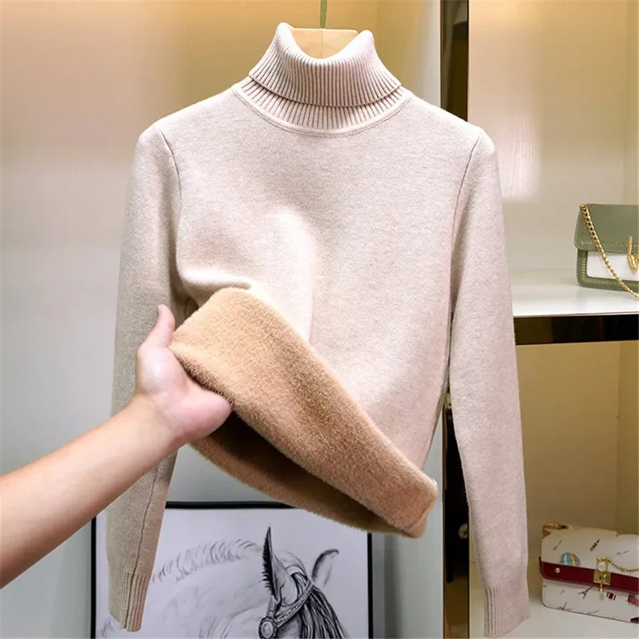 Women Winter Thicken Turtleneck Sweater – Slim Knit Plush Velvet Lined Warm Pullover Jumper