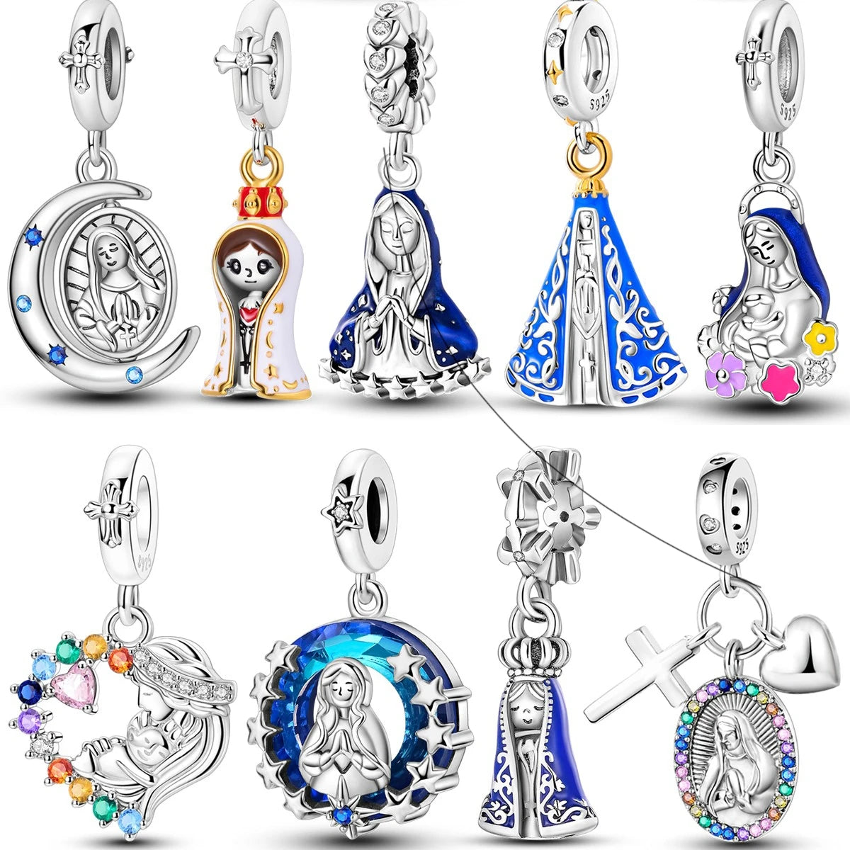 925 Sterling Silver Virgin Mary Dangle Charm | Fits Pandora Bracelet | Our Lady Pendant Bead | Religious DIY Jewelry Gift