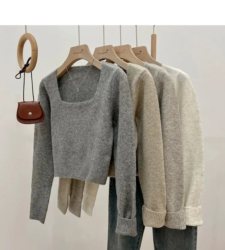 ✨ Soft Short Knitted Sweater Top for Women 🍁 Square Collar Slim Fit | Autumn Winter Inner Base Shirt 👚