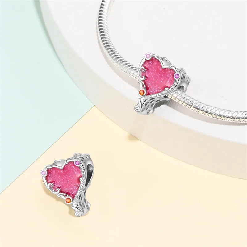 925 Silver Plated Magic Mirror Princess Angel Pink Charm Beads | Fits Original Pan 925 Bracelet | Exquisite DIY Jewelry