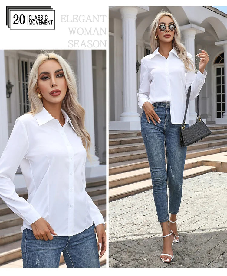 Women’s Solid Color Long Sleeve Shirt – Spring Autumn Casual Turn-Down Collar Loose Top