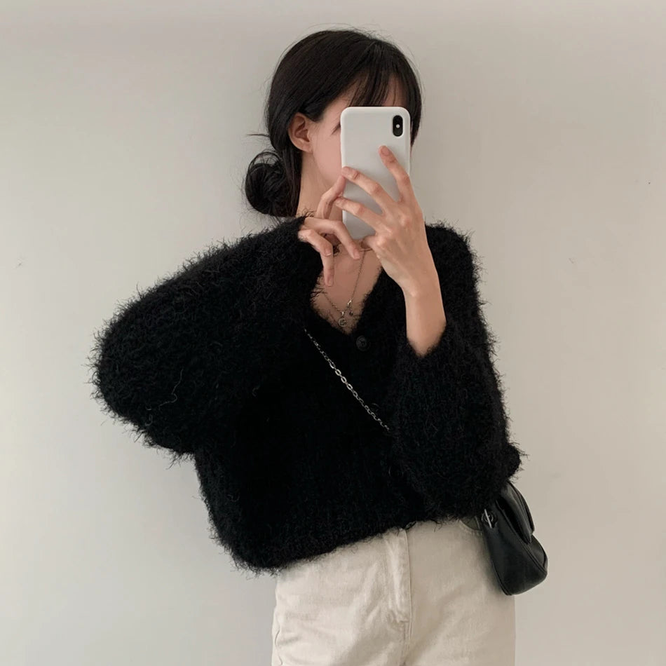 Chic V-Neck Knitted Sweater Coat for Women 🧥✨ Faux Fur Lazy Style Cardigan 💖 Autumn Winter Fashion Outerwear