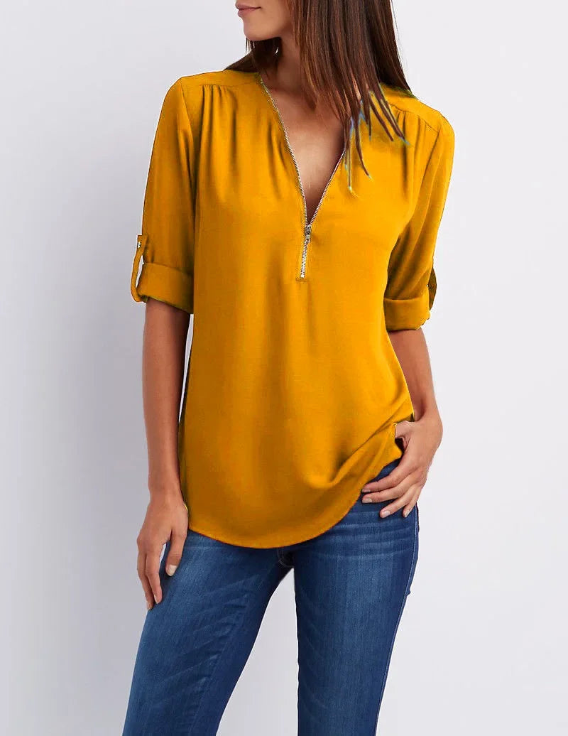2025 Women’s Chiffon Blouse | Sexy Deep V-Neck Zipper Pullover Loose Fashion Top Plus Size