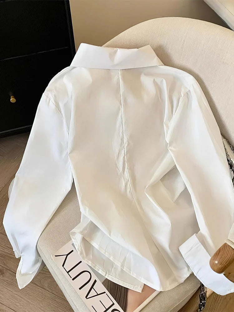 Designer Irregular Long Sleeve Polo Shirt Women – Elegant White Tunic Work Blouse