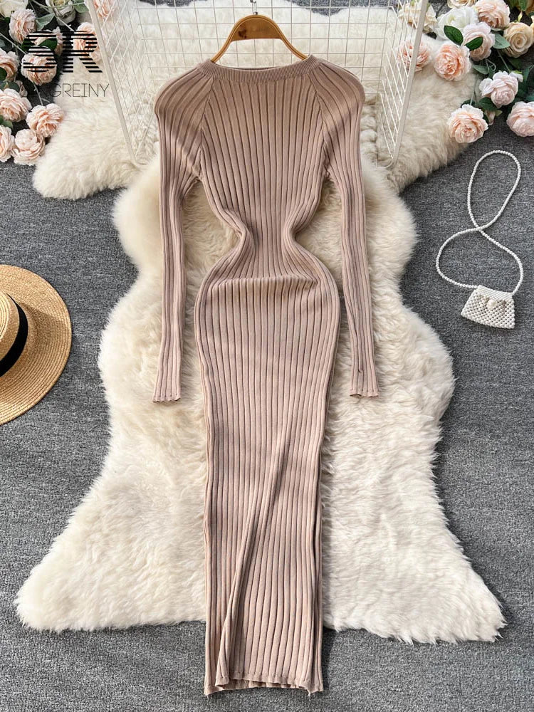 SINGREINY Winter Women’s Knit Maxi Dress – Slim Solid O-Neck Long Sleeve Pencil Sweater Dress | Autumn Harajuku Fashion
