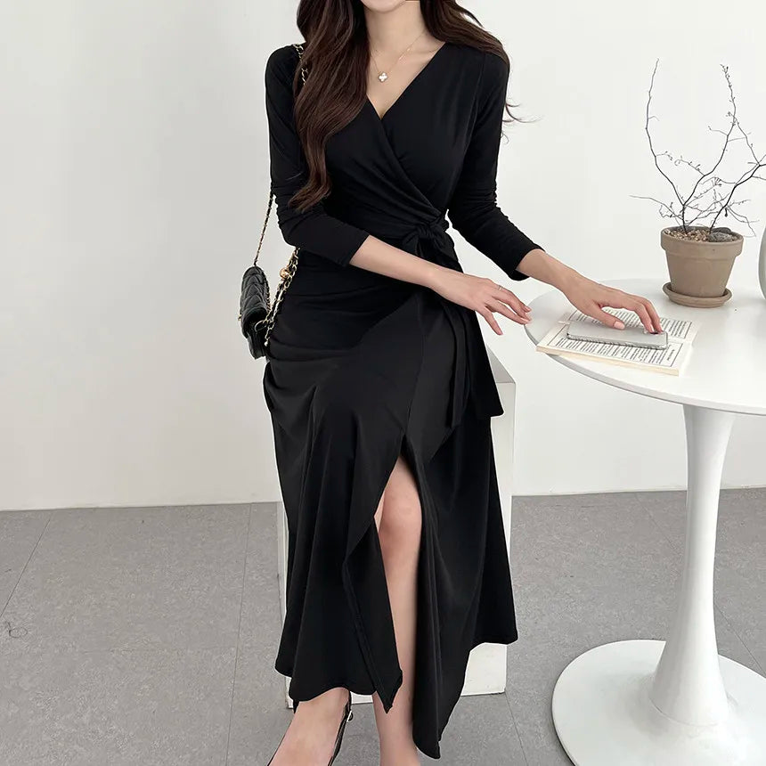 ✨ Slimming V-Neck Cross Wrap Long Dress 👗 Women's Base Layer Dress 🌸 Belted Waist Split Long Sleeve Colorful Commute Wear