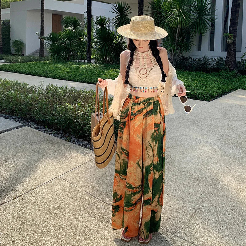 Vacation Style High Waist Wide Leg Pants – Thin Long Ethnic Print Pants for Beach & Holiday Wear