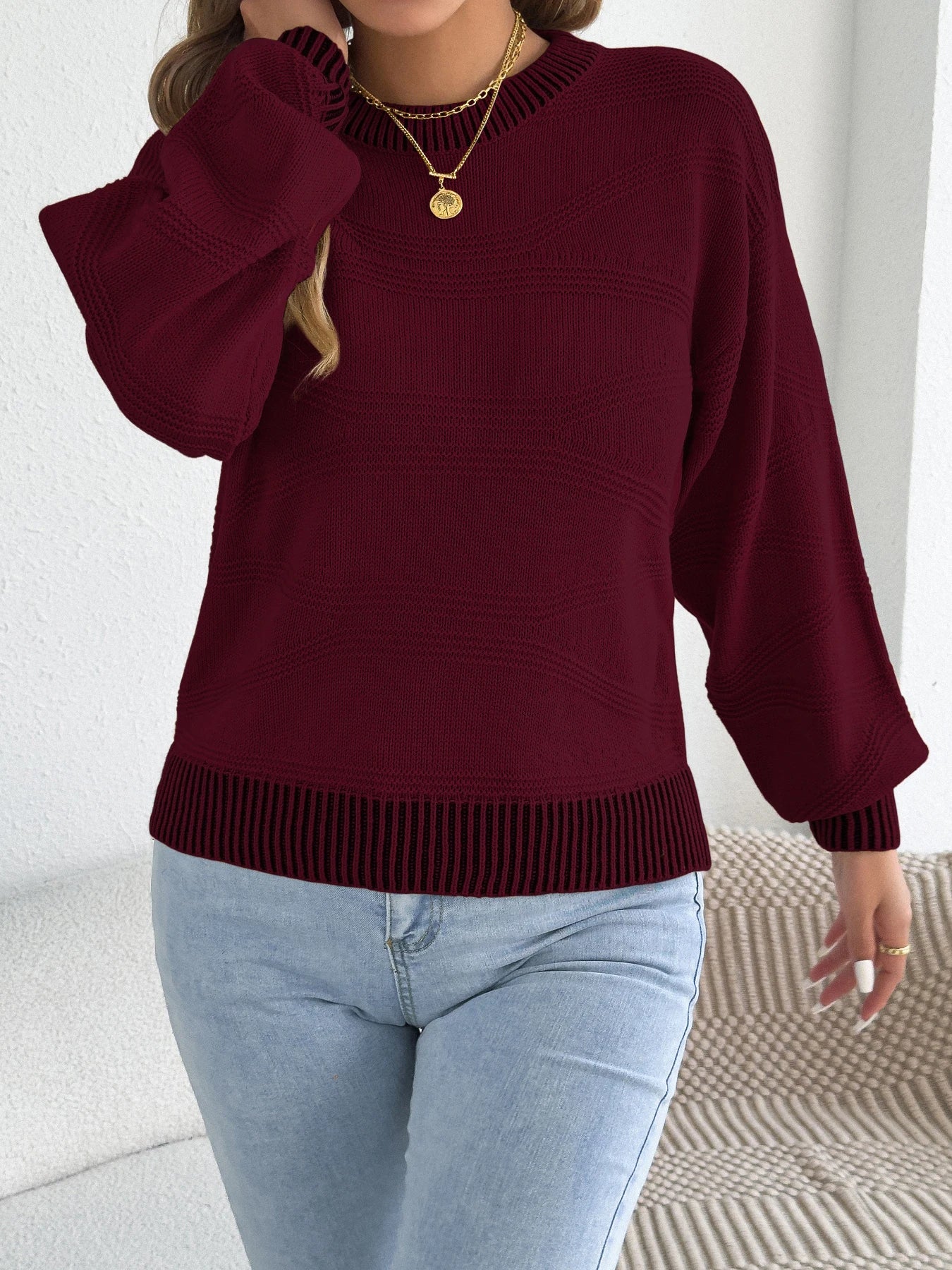 2025 Women’s Autumn Winter Round Neck Striped Sweater – Lantern Sleeve Knitted Pullover