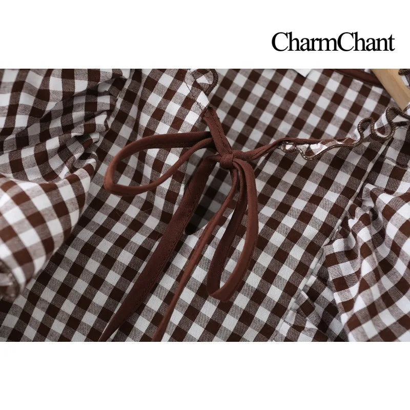 CharmChant Women’s Gingham Cropped Blouse 🌸 Ruffle Tie Neck Top ✨