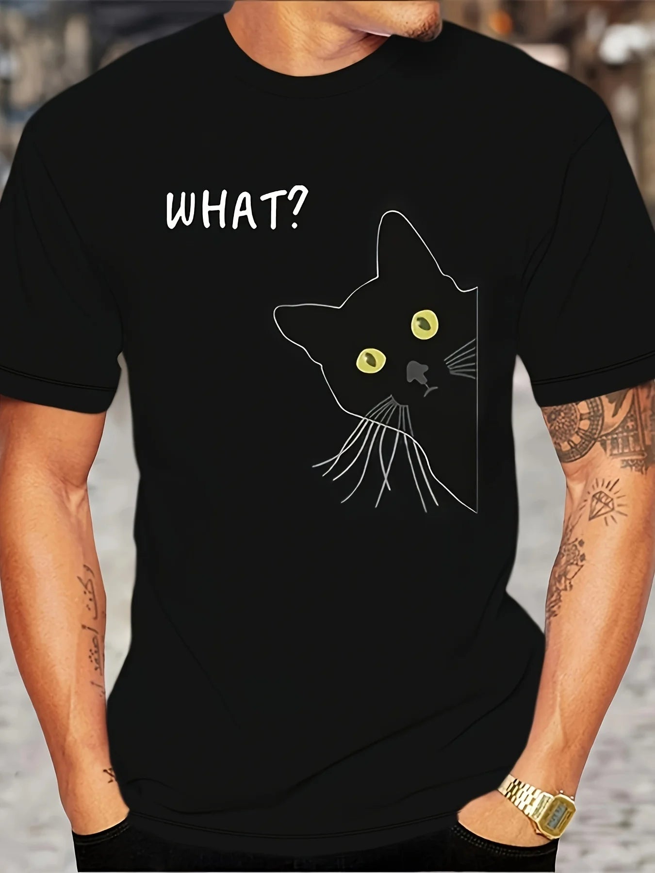 Men's Black Cat Graphic T-Shirt – Casual Crew Neck Short Sleeve All-Season Comfortable Tee