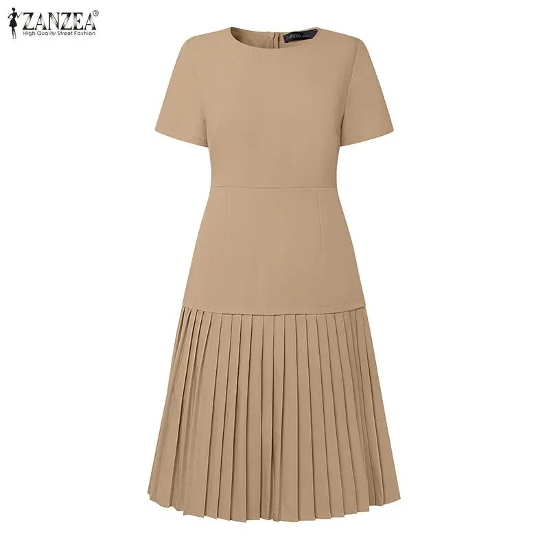 Women Pleated Dress 👗 Elegant O-Neck Short Sleeve Fitted Waist A-Line Knee-Length Dress 🌸 ZANZEA Fashion