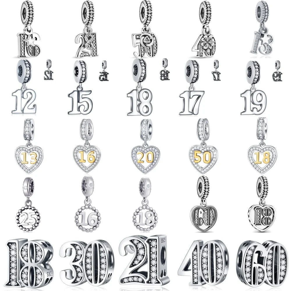 925 Silver Lucky Number Charms 16, 18, 21, 40 – Anniversary & Birthday DIY Bracelet Beads