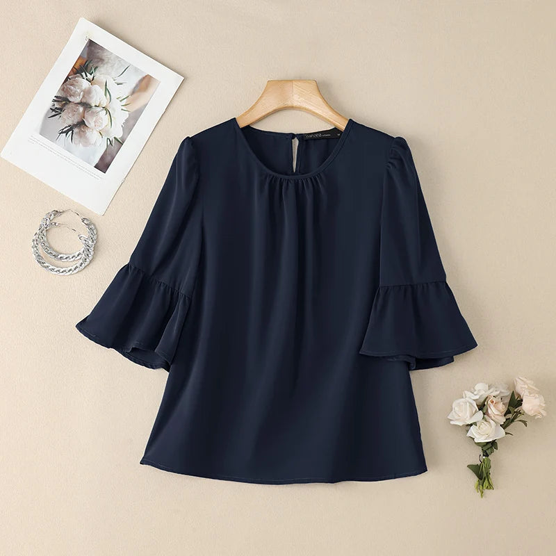 2025 ZANZEA Office Women Blouse – Elegant Solid O-Neck 3/4 Sleeve Summer Work Top 👚✨