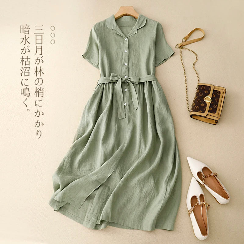 Pure Linen Shirt Dress – Women's Summer Lightweight Breathable Long Dress, Loose Plus Size with Slimming Belt