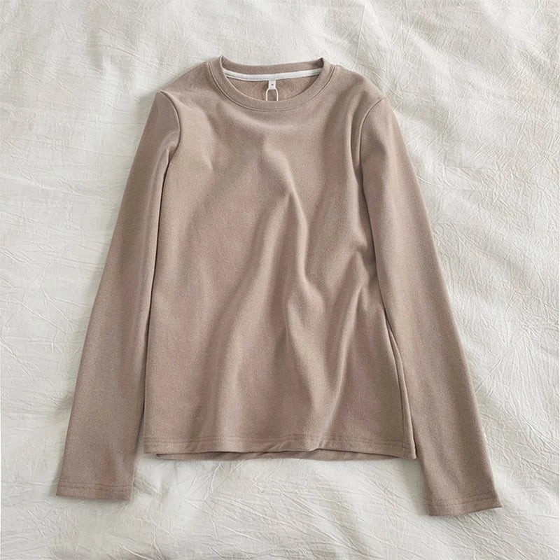 Women's Thermal Long Sleeve T-Shirt | Fleece-Lined Round Neck Top | Autumn Winter Fashionable Inner Wear