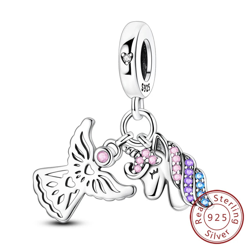 Original 925 Sterling Silver Charms – Mushroom, Unicorn, Wings & Pearl Beads for Women