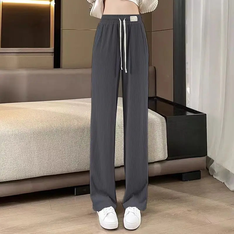 New 2025 Women’s Ice Silk Wide Leg Pants – High Waist Loose Thin Straight Casual Korean Trousers