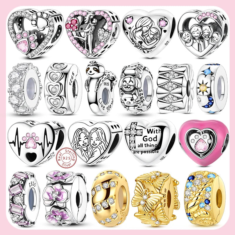 Original 925 Sterling Silver Clip Charm Bead | Round Heart Love Family Charms Fit Bracelet Women DIY Jewelry Gift