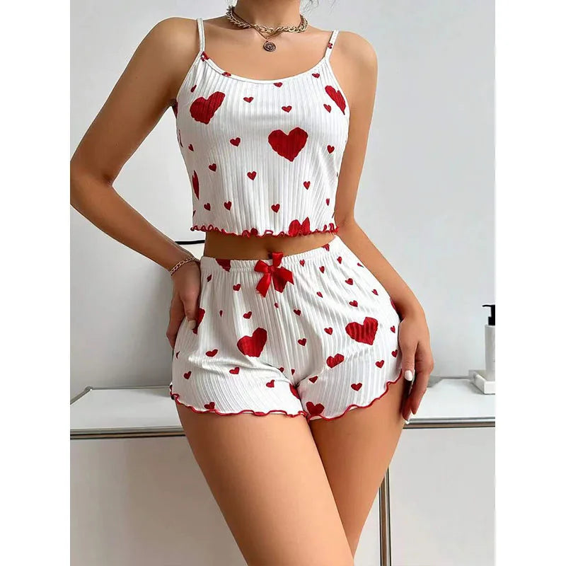 Women’s 2-Piece Pajamas Set – Short Tank Top & Shorts Sleepwear, Soft Casual Ventilated Loungewear with Love Print