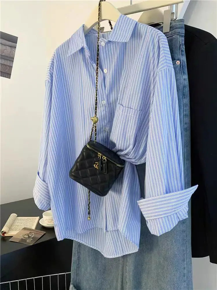 Retro Lazy Style Blue Striped Women’s Long Sleeve Shirt | Spring Autumn Design Sense Outerwear Blouse