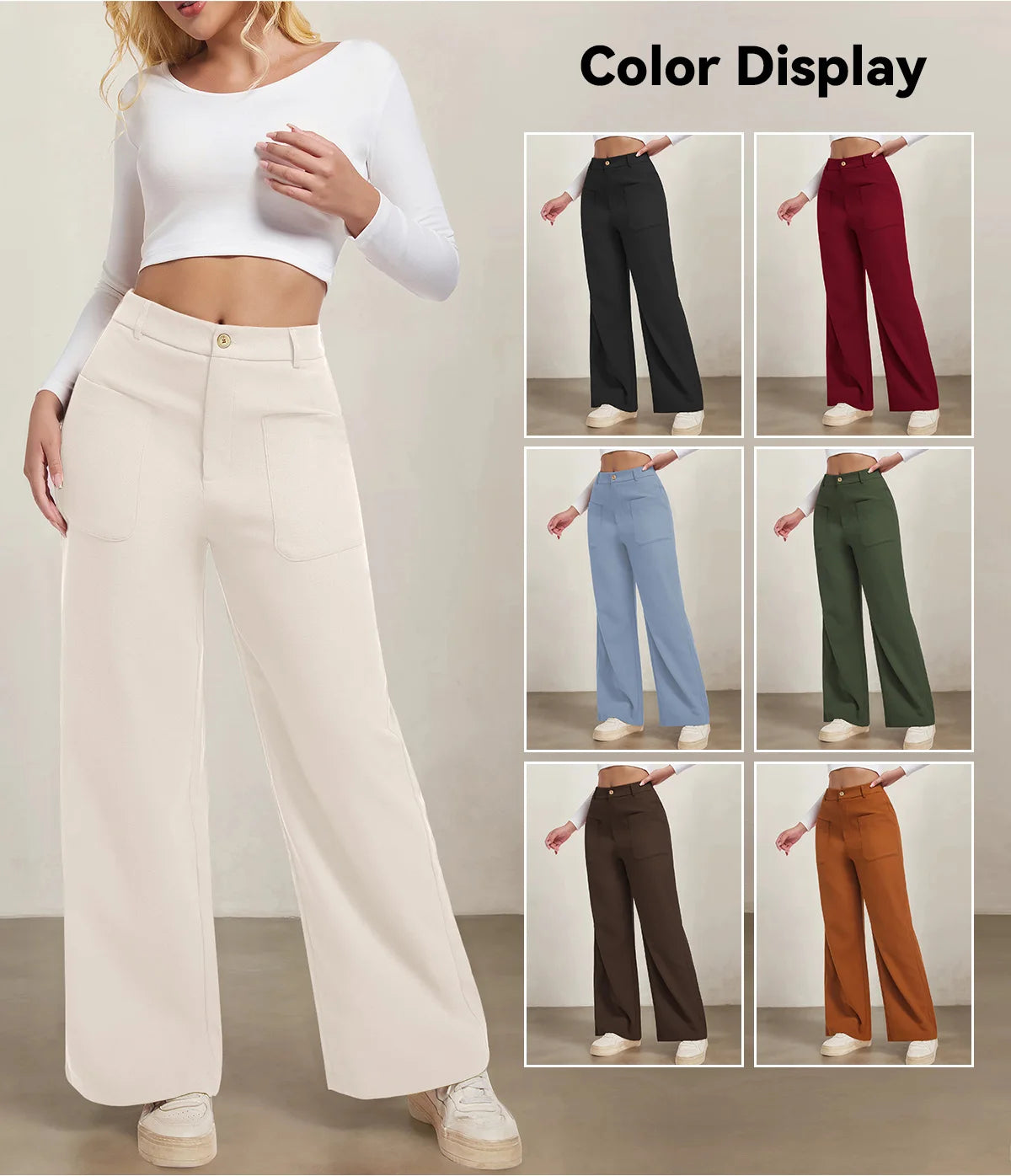 Women’s Plain High Waist Cargo Pants | Casual Streetwear Pocket Button Trousers | All-Season Ladies Bottoms