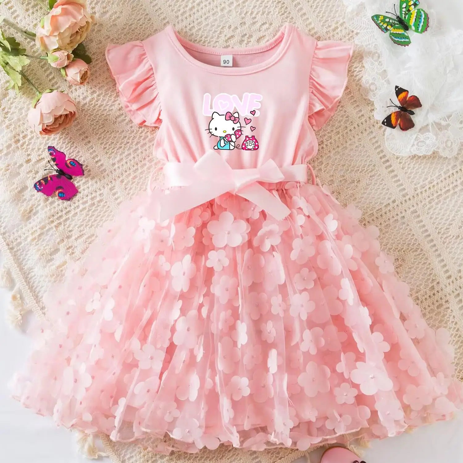 Hello Kitty Girls Tulle Flower Princess Dress | Wedding & Party Tutu Dress | Sleeveless Birthday Gift Outfit
