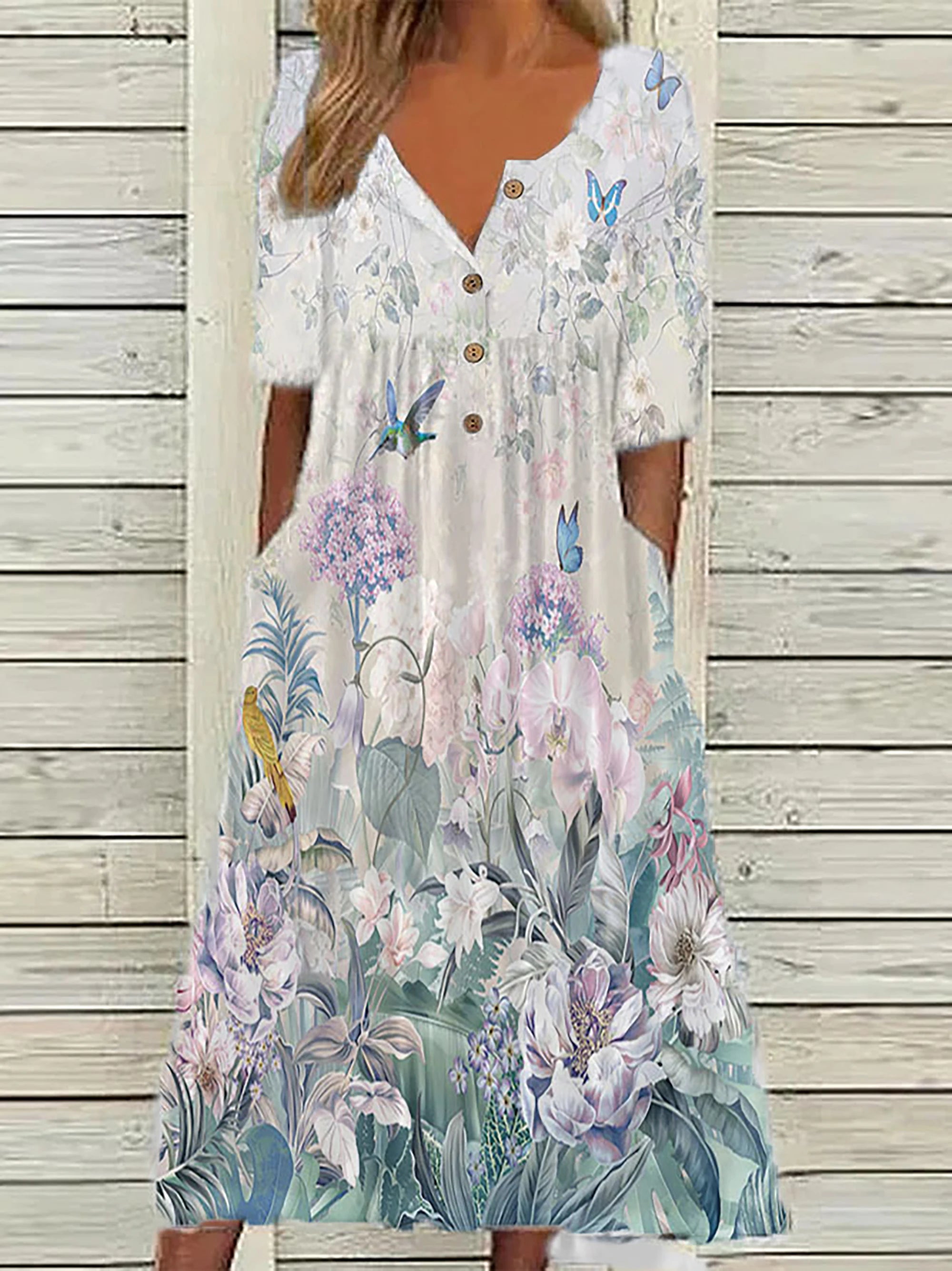 2024 Spring Plus Size Women’s Printed V-Neck Button Top – Short Sleeve Fashion Blouse with Pockets | European & American Style