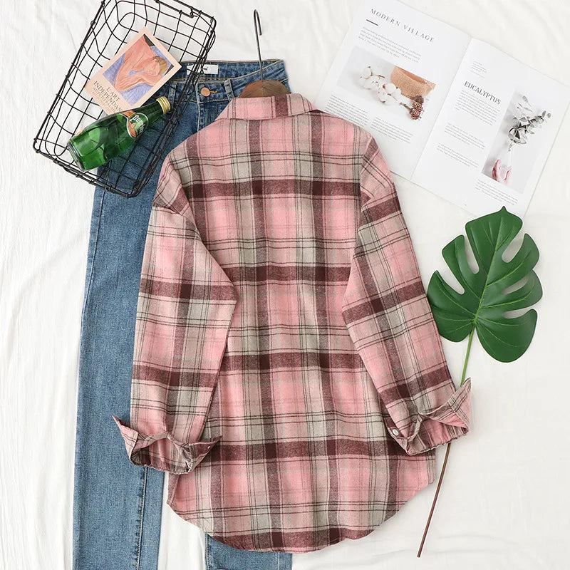 Women’s Plaid Shirt | Spring Autumn Long Sleeve Blouse | Casual Cotton Checkered Top