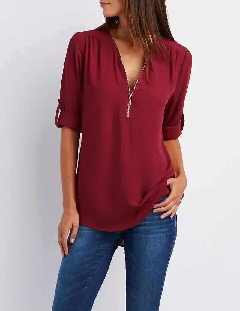 Summer Women’s Chiffon Blouse | Deep V-Neck Zipper Tops | Casual Loose Long Sleeve Plus Size Shirt