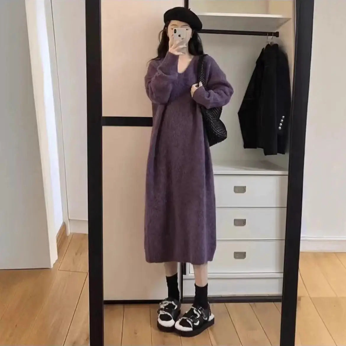 Ladies’ Thick Long Knitted Dress | Korean Style Loose Waist V-Neck H-Line Base Layer Dress | Autumn Winter New Arrival