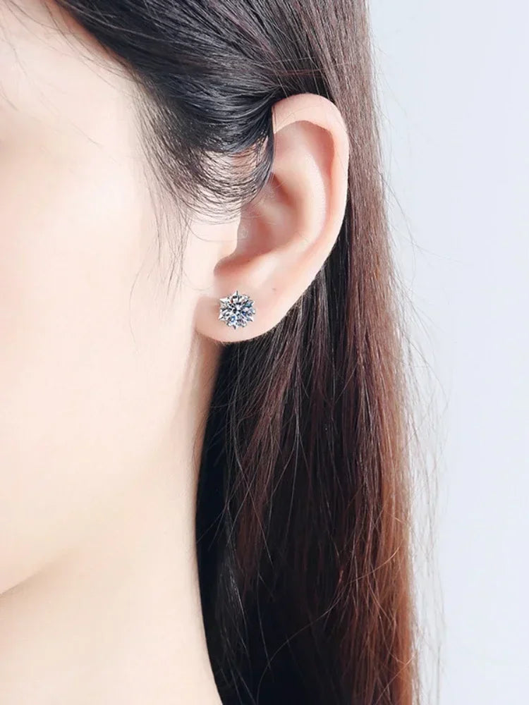 925 Sterling Silver Certified Moissanite Heart Snowflake Earrings | Six Claw Studs for Women | Elegant Piercing Jewelry Gift