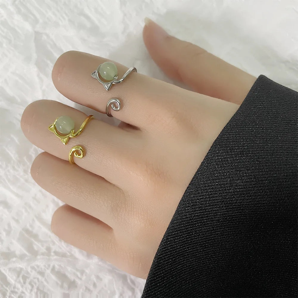 PANJBJ 925 Sterling Silver Hotan Jade Geometric Adjustable Ring | Retro Delicate Jewelry Gift for Women