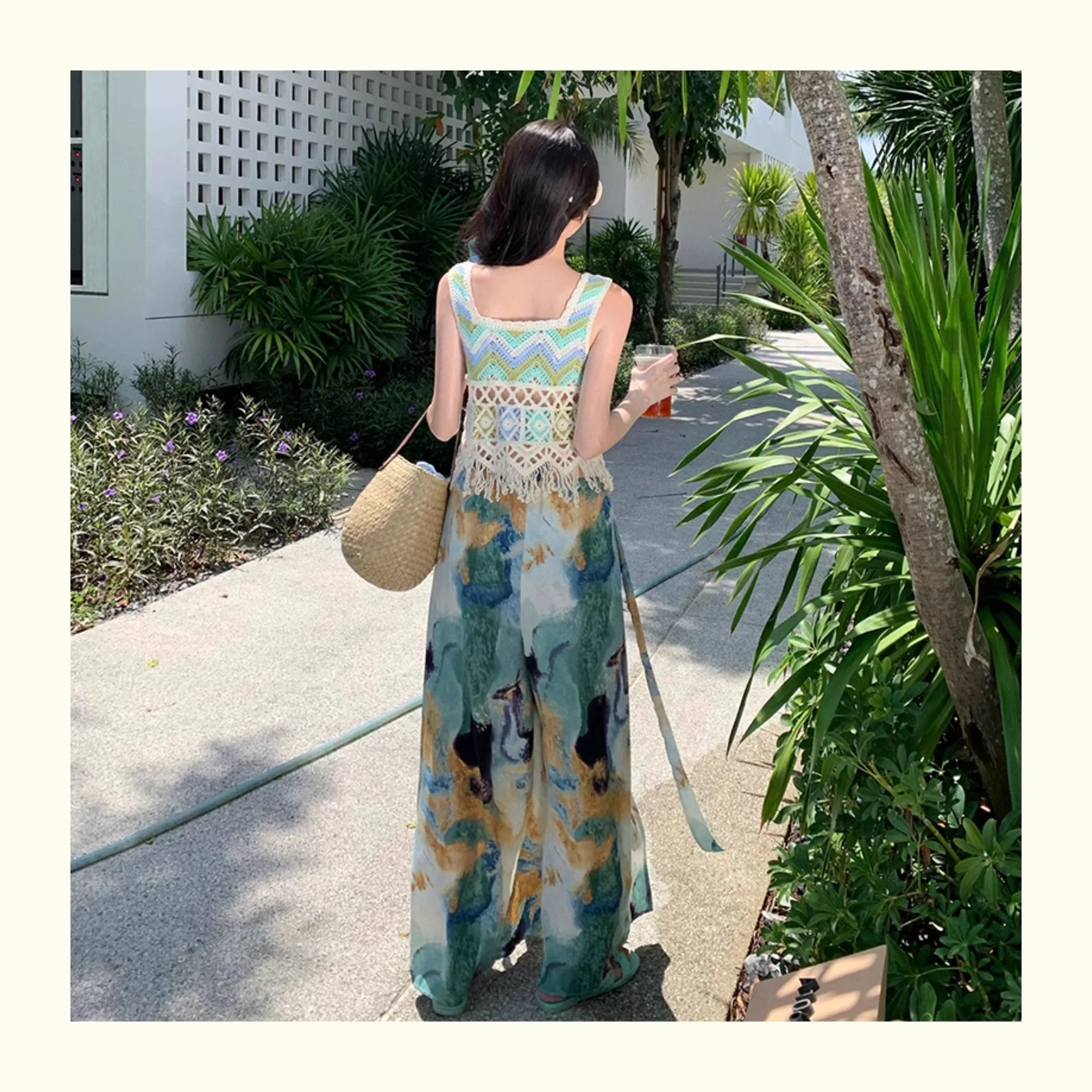Vacation Style High Waist Wide Leg Pants – Thin Long Ethnic Print Pants for Beach & Holiday Wear
