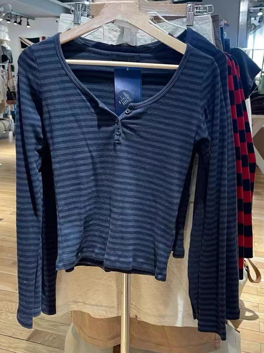 Women’s Pink Striped Slim Long Sleeve Tee | Casual Cotton O-Neck T-Shirt | Sweet Vintage Y2K Top