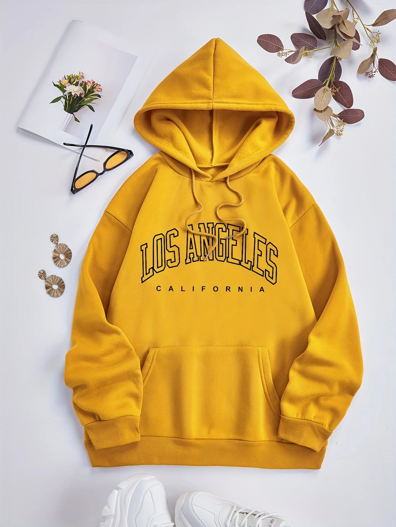 Women’s Los Angeles Print Fleece Hoodie | Warm Casual Sports Sweatshirt | Autumn Winter Loose Fit with Pocket