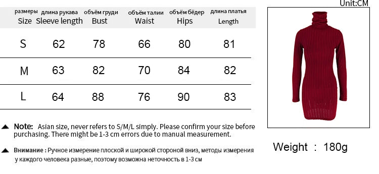 Women’s Autumn Winter Turtleneck Bodycon Mini Dress – Long Sleeve Solid Sheath Sexy Club Party Knitted Dress