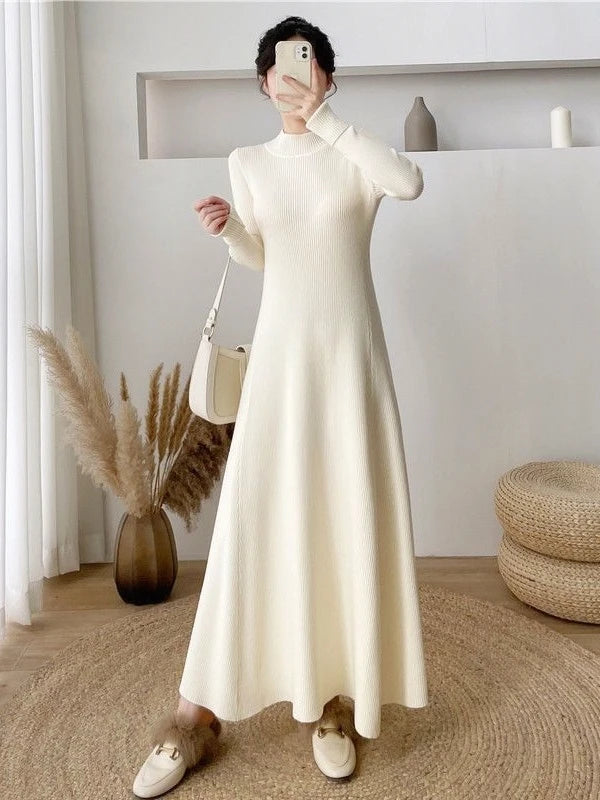 Women’s Knitted A-Line Dress – Slimming Waist Design Autumn Winter Sweater Long Dress | High-End Inner Wear