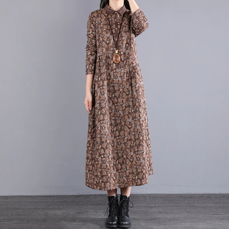 Thickened Floral Print Retro Women’s Dress – Cotton-Lined Warm A-Line Skirt with Long Sleeves & Collar | Winter Casual Dress