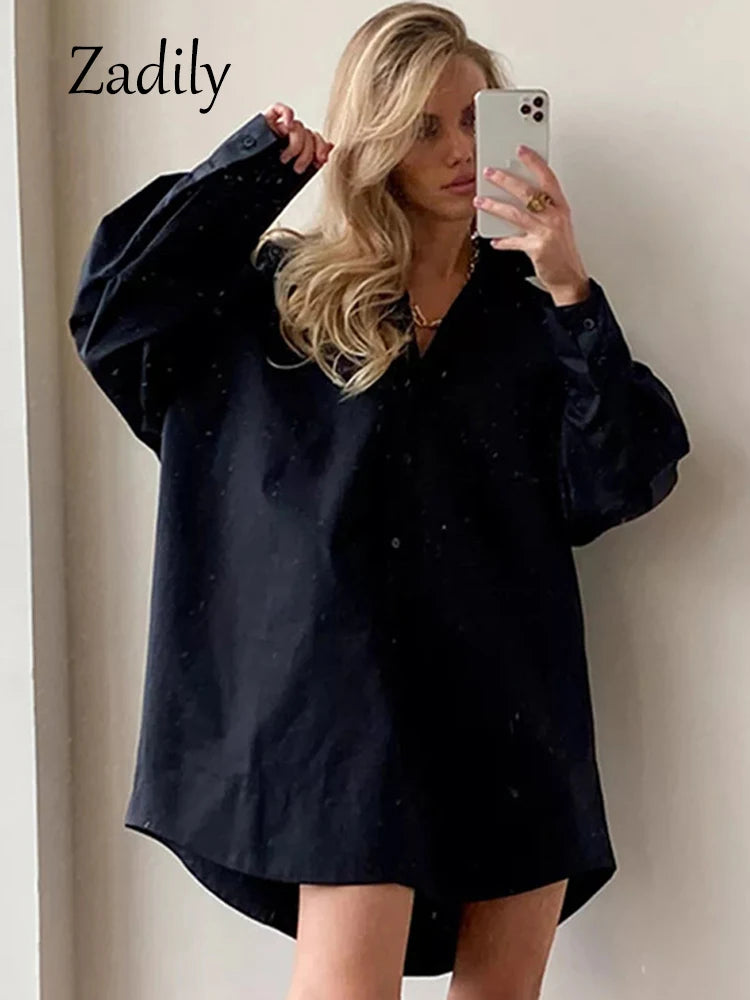 Zadily Autumn 2025 Women’s Oversized White Long Shirt – Minimalist Patchwork Button-Up Work Blouse