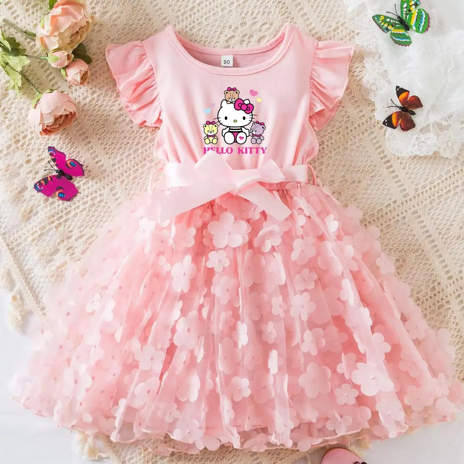 Hello Kitty Girls Tulle Flower Princess Dress | Wedding & Party Tutu Dress | Sleeveless Birthday Gift Outfit