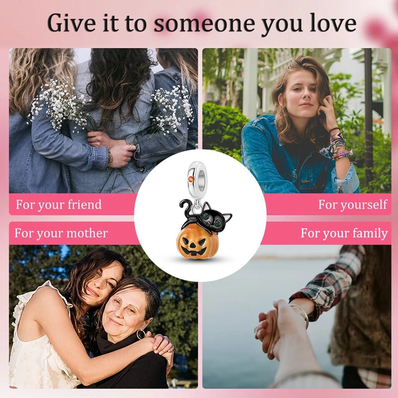 Halloween 925 Sterling Silver Charms | Pumpkin Skeleton Witch Bat Beads for Bracelet DIY Jewelry