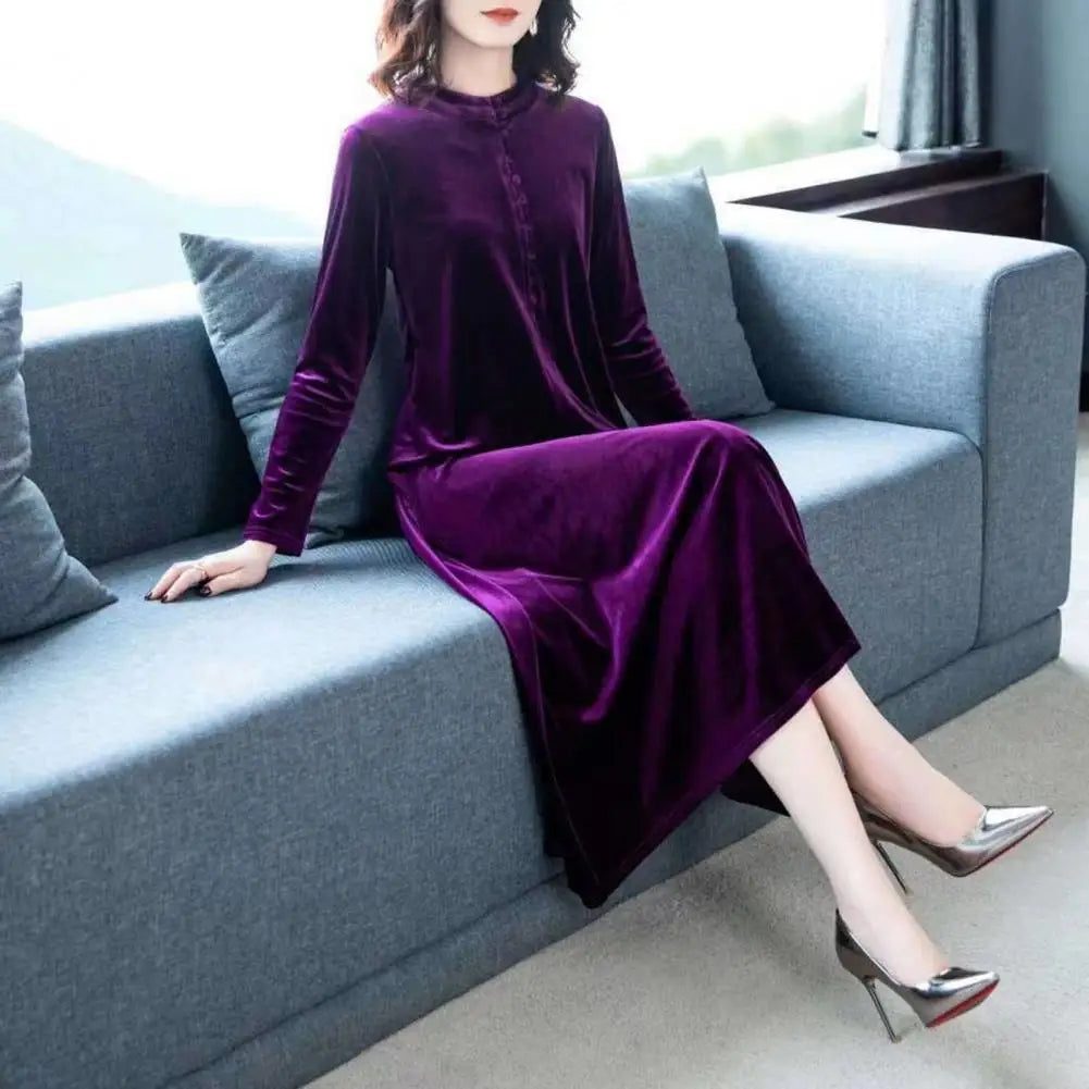 Golden Velvet Hooded Button Dress for Women – 2024 Elegant Plus Size Thermal Warm Spring Autumn Dress | Stylish Mom Dress