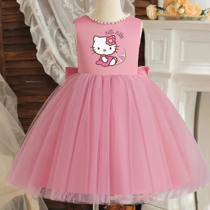 Hello Kitty Kids Pearls Elegant Princess Dress for Girls Backless Bow Baby 1st Birthday Baptism Tutu Gown Wedding Dress
